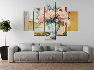 Ručne maľovaný obraz Farebné kvety vo váze - 5 dielny Rozmery: 150 x 105 cm