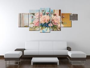 Ručne maľovaný obraz Farebné kvety vo váze - 5 dielny Rozmery: 150 x 105 cm
