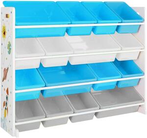 Veľký detský regál na hračky, so 16 vyberateľnými plastovými úložnými boxmi v bielej, modrej a šedej farbe