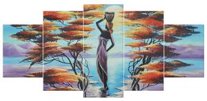 Ručne maľovaný obraz Africká žena s košíkom - 5 dielny Rozmery: 150 x 105 cm