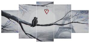 Ručne maľovaný obraz Vtáčia romantika v Paríži - 5 dielny Rozmery: 150 x 70 cm