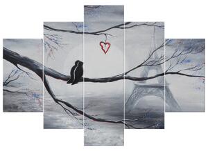 Ručne maľovaný obraz Vtáčia romantika v Paríži - 5 dielny Rozmery: 100 x 70 cm