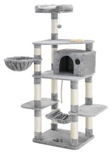 FEANDREA Škrabadlo pre mačky viacúrovňové, s miskou, stĺpy potiahnuté sisalom, 164 cm, svetlo šedé