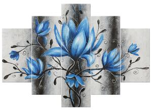 Ručne maľovaný obraz Kytica modrých magnólií - 5 dielny Rozmery: 100 x 70 cm