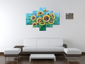 Ručne maľovaný obraz Slnečnice v daždi - 5 dielny Rozmery: 150 x 70 cm