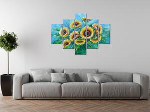 Ručne maľovaný obraz Slnečnice v daždi - 5 dielny Rozmery: 100 x 70 cm