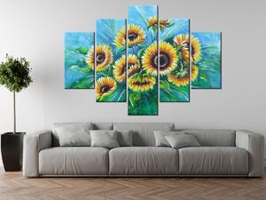 Ručne maľovaný obraz Slnečnice v daždi - 5 dielny Rozmery: 150 x 70 cm