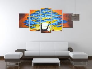 Ručne maľovaný obraz Odpočinok pod modrým stromom - 5 dielny Rozmery: 100 x 70 cm