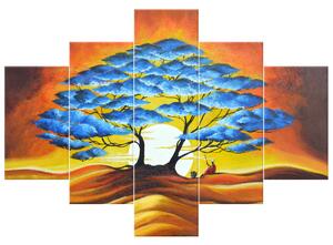 Ručne maľovaný obraz Odpočinok pod modrým stromom - 5 dielny Rozmery: 150 x 70 cm