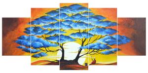 Ručne maľovaný obraz Odpočinok pod modrým stromom - 5 dielny Rozmery: 100 x 70 cm