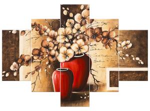 Ručne maľovaný obraz Orchidei v červenej váze - 5 dielny Rozmery: 150 x 105 cm