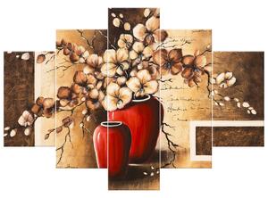 Ručne maľovaný obraz Orchidei v červenej váze - 5 dielny Rozmery: 150 x 105 cm