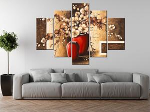 Ručne maľovaný obraz Orchidei v červenej váze - 5 dielny Rozmery: 150 x 70 cm