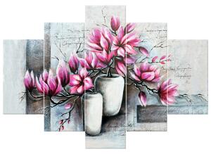 Ručne maľovaný obraz Ružové magnólie vo váze - 5 dielny Rozmery: 100 x 70 cm