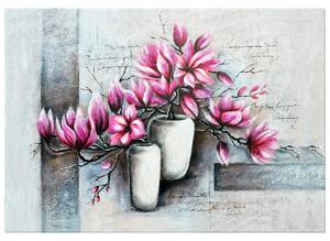 Ručne maľovaný obraz Ružové magnólie vo váze Rozmery: 70 x 100 cm