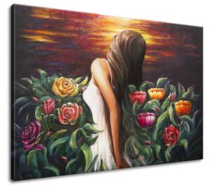 Ručne maľovaný obraz Žena medzi kvetmi Rozmery: 70 x 100 cm