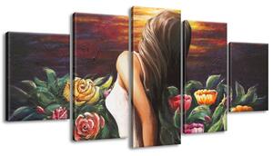 Ručne maľovaný obraz Žena medzi kvetmi - 5 dielny Veľkosť: 150 x 70 cm