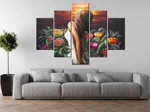 Ručne maľovaný obraz Žena medzi kvetmi - 5 dielny Rozmery: 100 x 70 cm