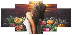 Ručne maľovaný obraz Žena medzi kvetmi - 5 dielny Rozmery: 150 x 70 cm