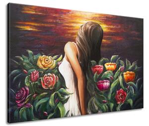 Ručne maľovaný obraz Žena medzi kvetmi Rozmery: 120 x 80 cm