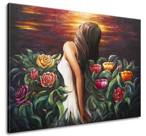Ručne maľovaný obraz Žena medzi kvetmi Rozmery: 115 x 85 cm