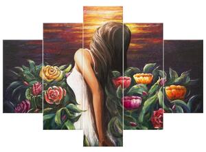 Ručne maľovaný obraz Žena medzi kvetmi - 5 dielny Rozmery: 100 x 70 cm