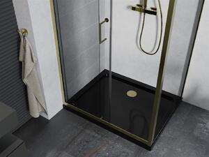Mexen Apia sprchovací kút s posuvnými dverami 90 (dvere) x 70 (stena) cm, 5mm číre sklo, zlatý profil + čierna sprchová vanička SLIM, 840-090-070-50-00-4070G