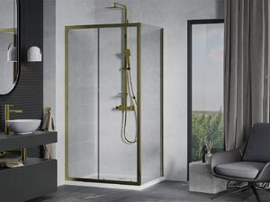 Mexen Apia sprchovací kút s posuvnými dverami 110 (dvere) x 70 (stena) cm, 5mm číre sklo, zlatý profil + biela sprchová vanička SLIM, 840-110-070-50-00-4010G