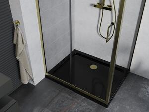 Mexen Apia sprchovací kút s posuvnými dverami 110 (dvere) x 70 (stena) cm, 5mm číre sklo, zlatý profil + čierna sprchová vanička SLIM, 840-110-070-50-00-4070G