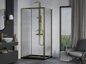 Mexen Apia sprchovací kút s posuvnými dverami 100 (dvere) x 70 (stena) cm, 5mm číre sklo, zlatý profil + čierna sprchová vanička SLIM, 840-100-070-50-00-4070G