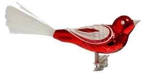 Sklenený vtáčik červený s bielym dekorom