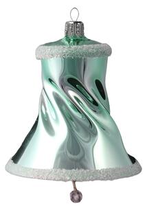 Sklenený zvonček tyrkysový s bielym zdobením