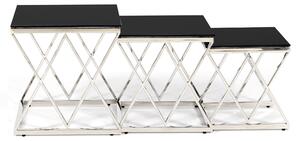 Dekorstudio 3-dielný set strieborných kávových stolíkov CESARE s čiernym sklom