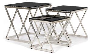 Dekorstudio 3-dielný set strieborných kávových stolíkov CESARE s čiernym sklom