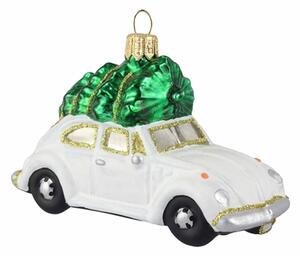 Vianočná ozdoba – autíčko so stromčekom, biele