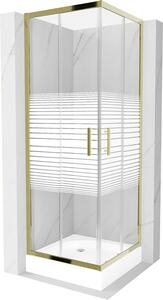 Mexen Rio, štvorcový sprchovací kút s posuvnými dverami 70 (dvere) x 70 (dvere) x 190 cm, 5mm číre sklo s pásikmi, zlatý profil + biela sprchová vanička RIO, 860-070-070-50-20-4510