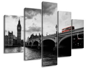 Obraz s hodinami Londýnskym autobusom k veži Big Ben - 5 dielny Rozmery: 150 x 105 cm
