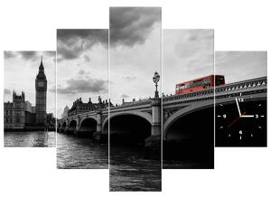 Obraz s hodinami Londýnskym autobusom k veži Big Ben - 5 dielny Rozmery: 150 x 105 cm