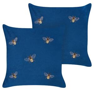 Sada 2 dekoratívnych vankúšov modrá so vzorom včiel 45 x 45 cm zamatové polyester moderný glamour štýl dekoračné doplnky