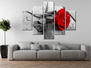 Obraz s hodinami Červená ruža - 5 dielny Rozmery: 150 x 70 cm