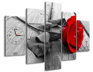 Obraz s hodinami Červená ruža - 5 dielny Rozmery: 150 x 70 cm