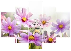 Obraz s hodinami Jemné kvety - 5 dielny Rozmery: 150 x 105 cm