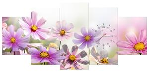 Obraz s hodinami Jemné kvety - 5 dielny Rozmery: 150 x 70 cm