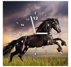 Obraz s hodinami Silný čierny kôň Rozmery: 100 x 40 cm