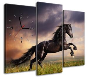 Obraz s hodinami Silný čierny kôň - 3 dielny Rozmery: 80 x 40 cm