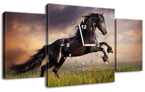 Obraz s hodinami Silný čierny kôň - 3 dielny Rozmery: 90 x 70 cm
