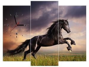 Obraz s hodinami Silný čierny kôň - 3 dielny Rozmery: 80 x 40 cm
