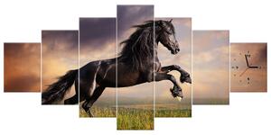 Obraz s hodinami Silný čierny kôň - 7 dielny Rozmery: 160 x 70 cm