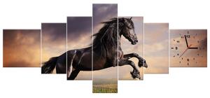 Obraz s hodinami Silný čierny kôň - 7 dielny Rozmery: 160 x 70 cm