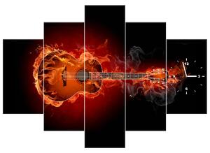 Obraz s hodinami Horiaca gitara - 5 dielny Rozmery: 150 x 105 cm